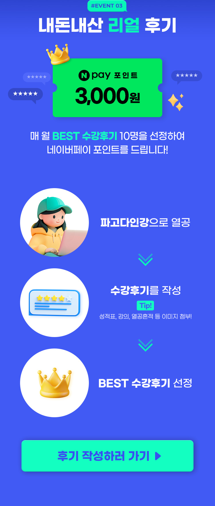 #EVENT3 내돈내산 리얼 후기 매 월 BEST 수강후기 10명을 선정하여 네이버페이 포인트를 드립니다!