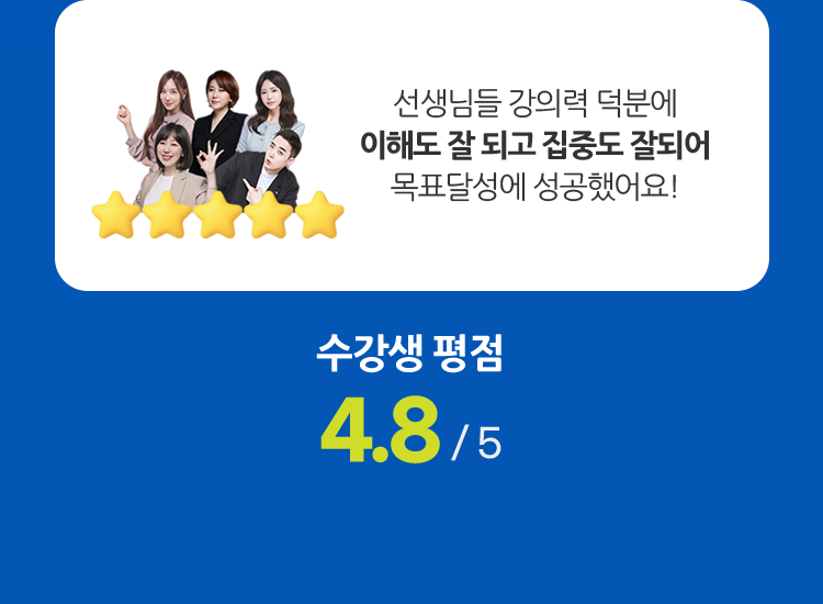 선생님들 강의력 덕분에 이해도 잘 되고 집중도 잘되어 목표달성에 성공했어요! (수강생 평점 4.8 / 5)